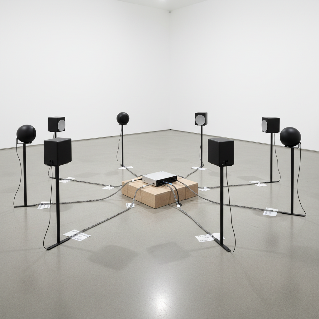 A carefully constructed sound art installation in a clean gallery-like space: several small, matte-black speakers of varying shapes are mounted on slim stands in a loose circle around a simple wooden plinth holding a compact playback device and a tangle of precisely labelled cables. The white walls and polished concrete floor reflect soft, diffused overhead lighting, creating gentle, elongated shadows from each stand. No visitors are present, emphasizing the objects and their potential sound. The photographic realism highlights every texture, from the brushed metal speaker grilles to the fine grain in the plinth’s wood. Captured from a slightly low, wide-angle perspective, the composition feels immersive and contemplative, evoking experimental sound art work without showing any people.