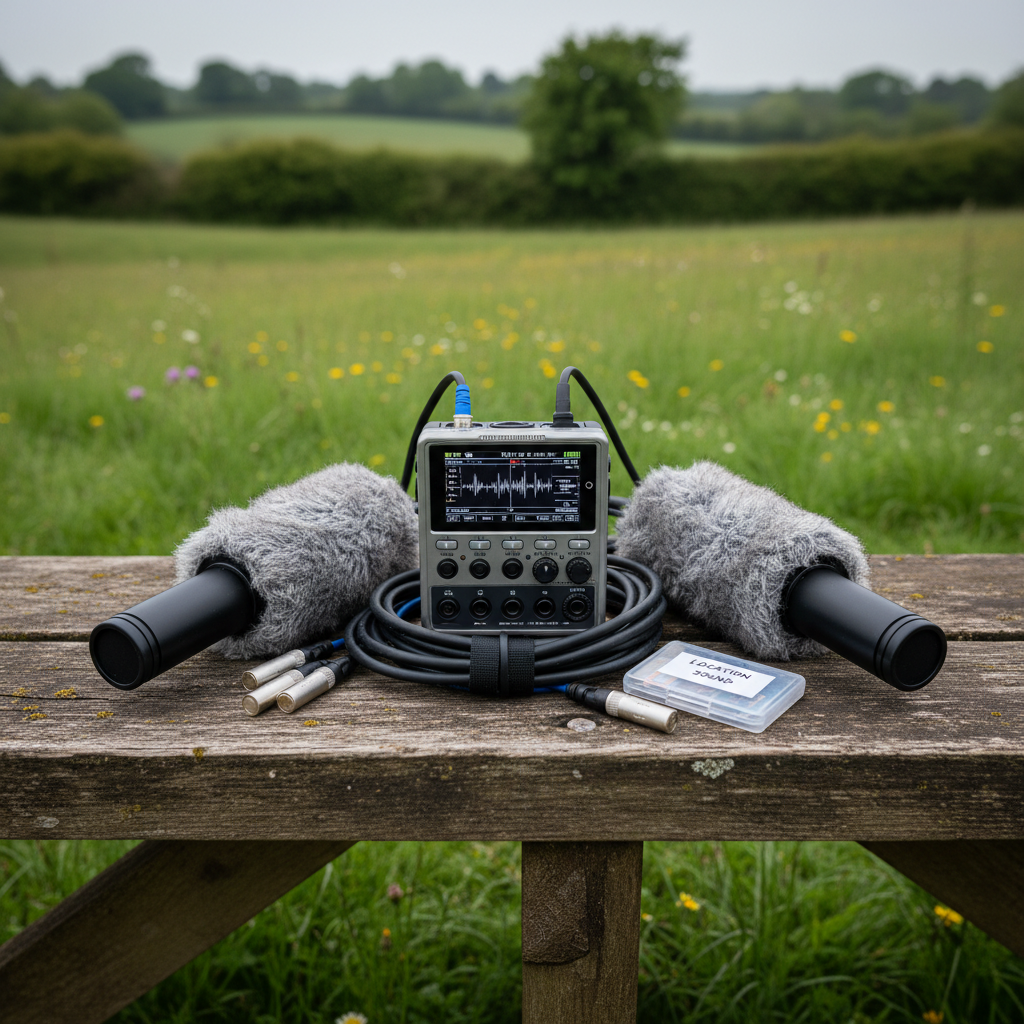A compact, high-end field recording kit laid out on a weathered wooden bench in a quiet Buckinghamshire countryside location. A professional portable recorder with a bright, detailed screen sits beside a pair of shotgun microphones in furry windshields, neatly organized XLR cables, and a small, labelled SD card case. The surrounding environment shows soft green grass and distant hedgerows falling into a gentle bokeh. Overcast UK daylight creates diffused, shadowless light that evenly reveals textures in the gear. Photographic realism with a calm, purposeful atmosphere, captured from a slightly elevated angle, highlighting the readiness of the equipment to capture location sound for film and performance.
