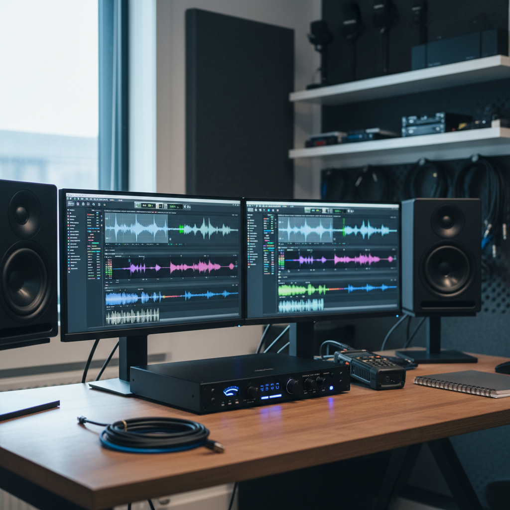 A meticulously arranged sound design workstation in a quiet UK studio, featuring a sleek black audio interface, dual high-resolution monitors showing waveforms, and a pair of matte-finish studio monitors with textured cones. A professional field recorder rests beside neatly coiled XLR cables and a slate-grey notebook. Soft, cool daylight from a large window falls across a clean wooden desk, creating subtle reflections on metal knobs and buttons. The mood is focused and professional, with a photographic realism style. Shot at eye level with a shallow depth of field, the foreground gear is razor sharp while the background acoustic panels and shelves of organized equipment gently blur, suggesting a dedicated sound designer at work without showing any people.